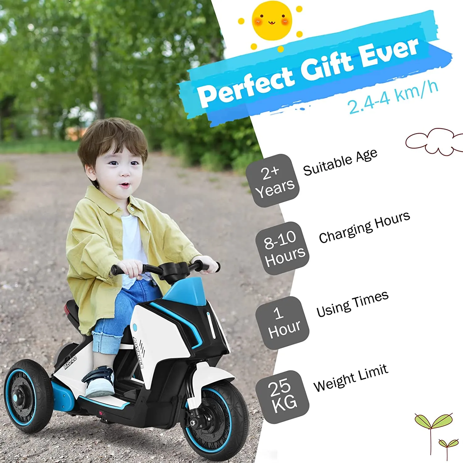 3 Wheels Kids Electric Motorbike with Music-White