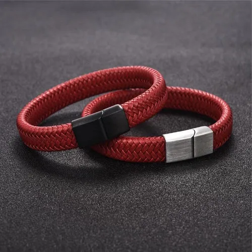 Classy Men Red Braided Leather Bracelet