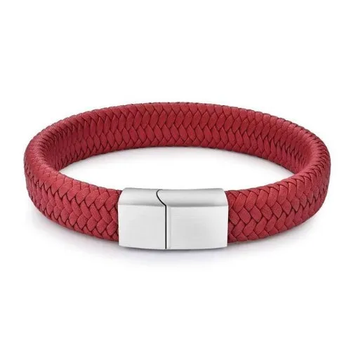 Classy Men Red Braided Leather Bracelet