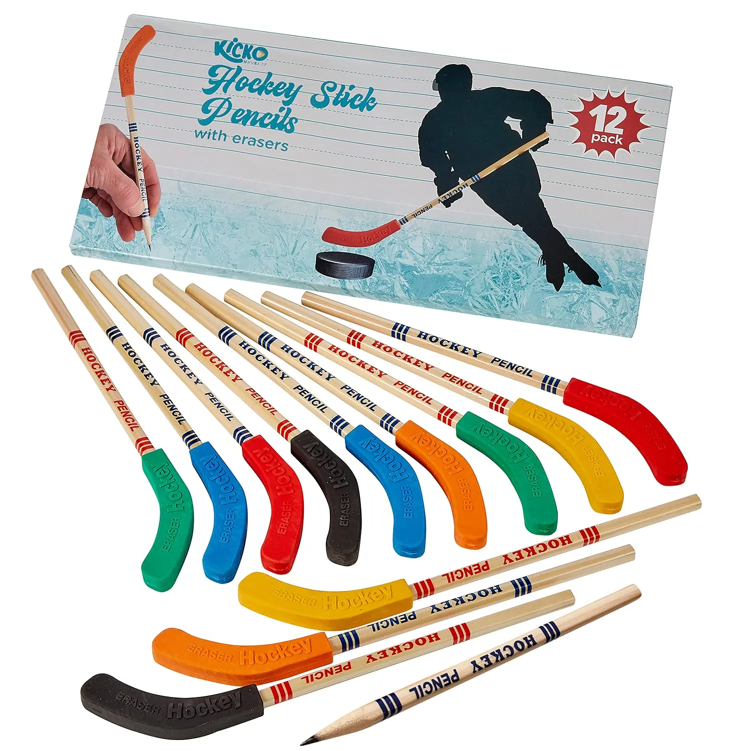 Kicko Hockey Pencils - 9 Inch Sports Pencil - 12 Pack Assorted Hockey Pencil with A Blade