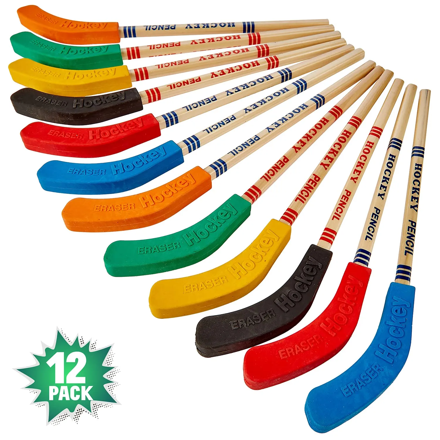 Kicko Hockey Pencils - 9 Inch Sports Pencil - 12 Pack Assorted Hockey Pencil with A Blade