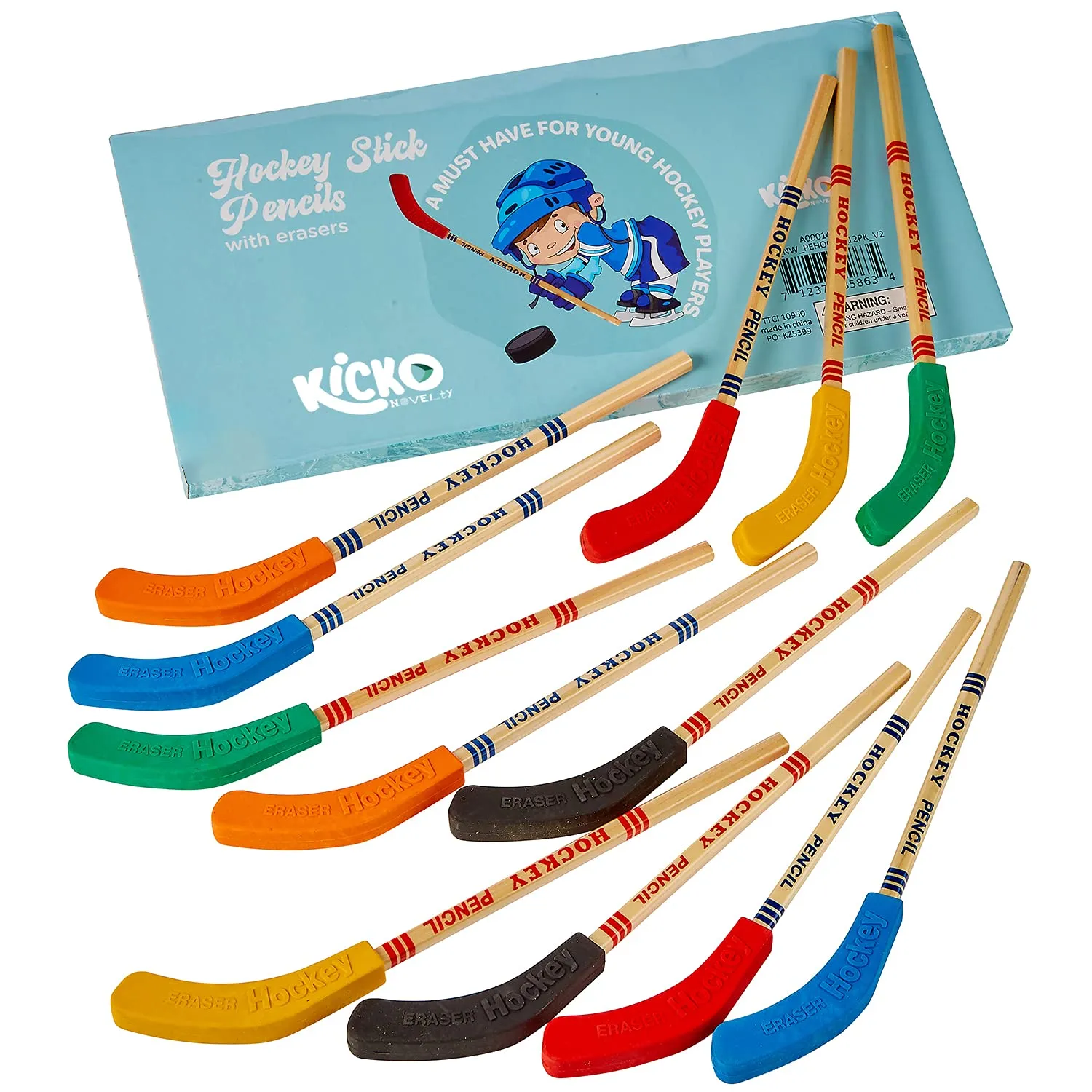 Kicko Hockey Pencils - 9 Inch Sports Pencil - 12 Pack Assorted Hockey Pencil with A Blade