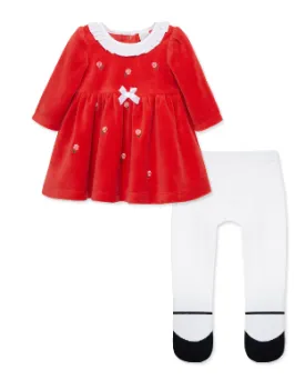 Little Me - Red Velvet with Roses Dress Set