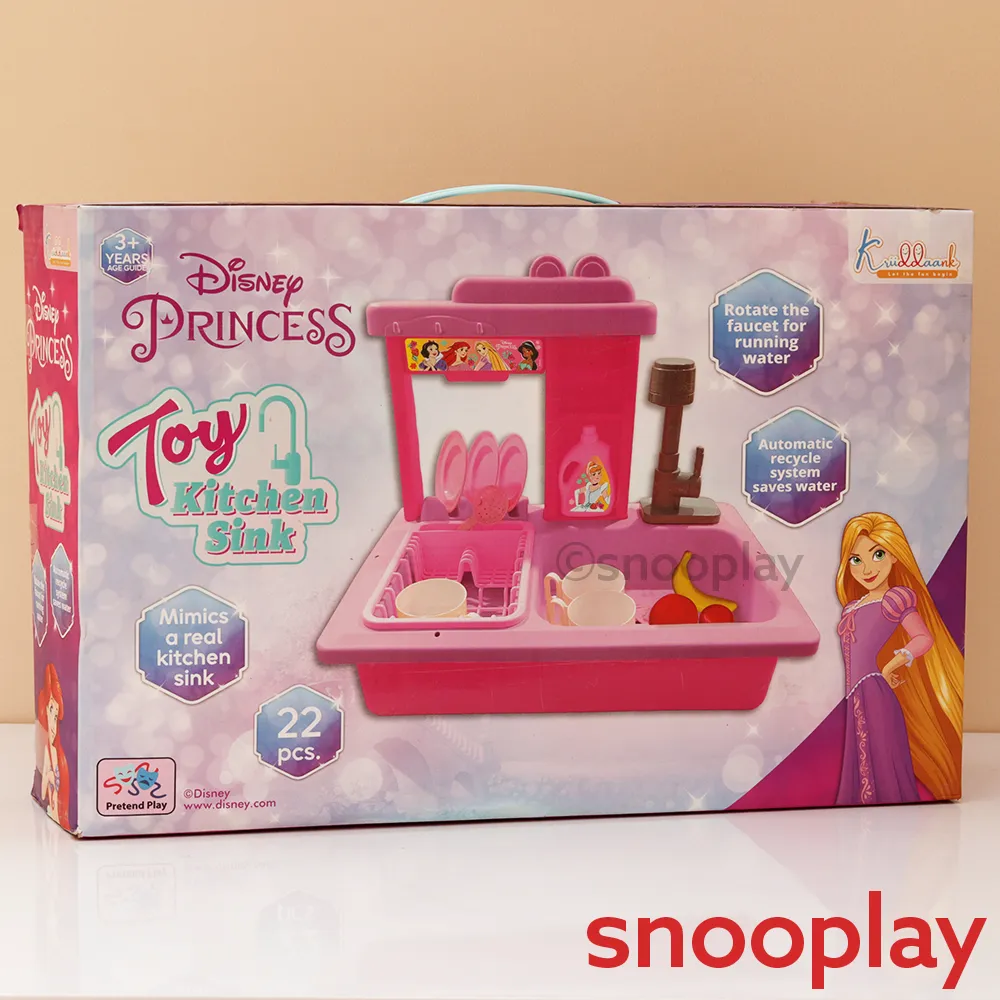 Original Princess Toy Kitchen Sink with Realistic Running Water & Automatic Recycle System- 22 Pieces | Licensed Disney Toy (3-7 Years)