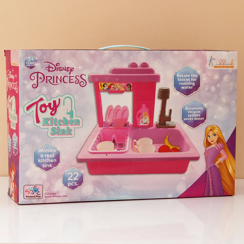 Original Princess Toy Kitchen Sink with Realistic Running Water & Automatic Recycle System- 22 Pieces | Licensed Disney Toy (3-7 Years)