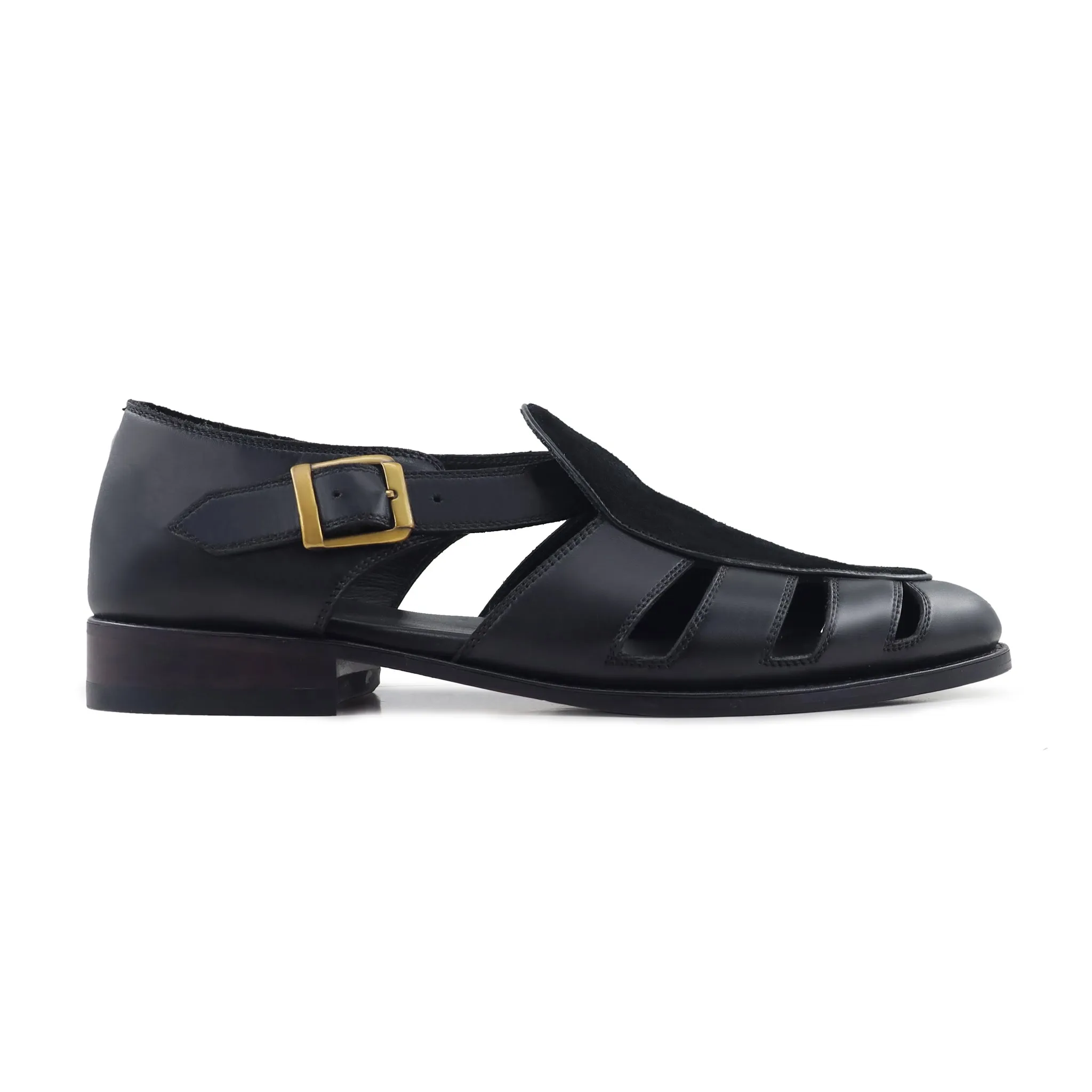 Pedri - Men's Black Calf Leather and Kid Suede Sandal