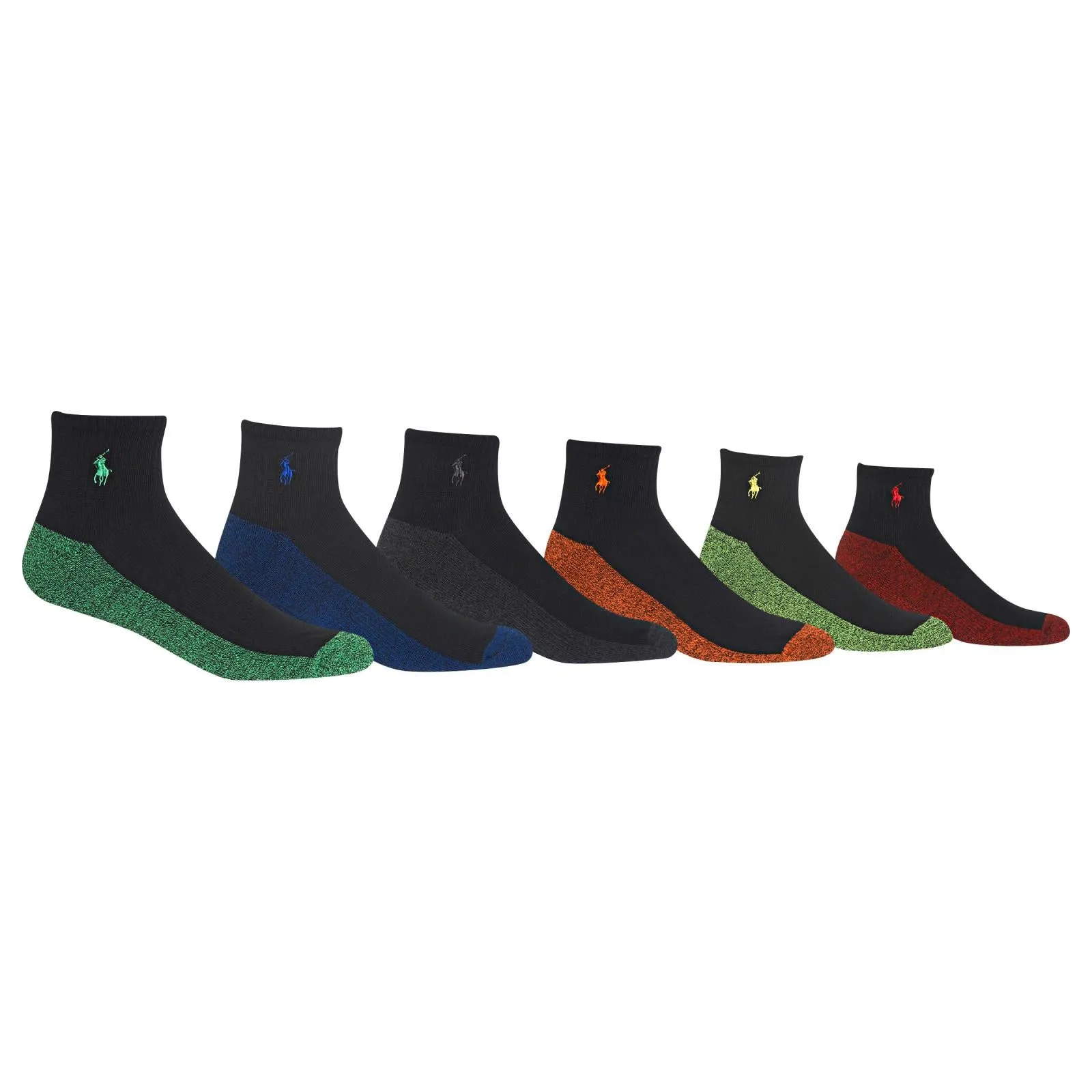 POLO RALPH LAUREN 6-Pack Men's Neon Contrast Marled Sole Quarter Socks, Assorted 2, 10-13