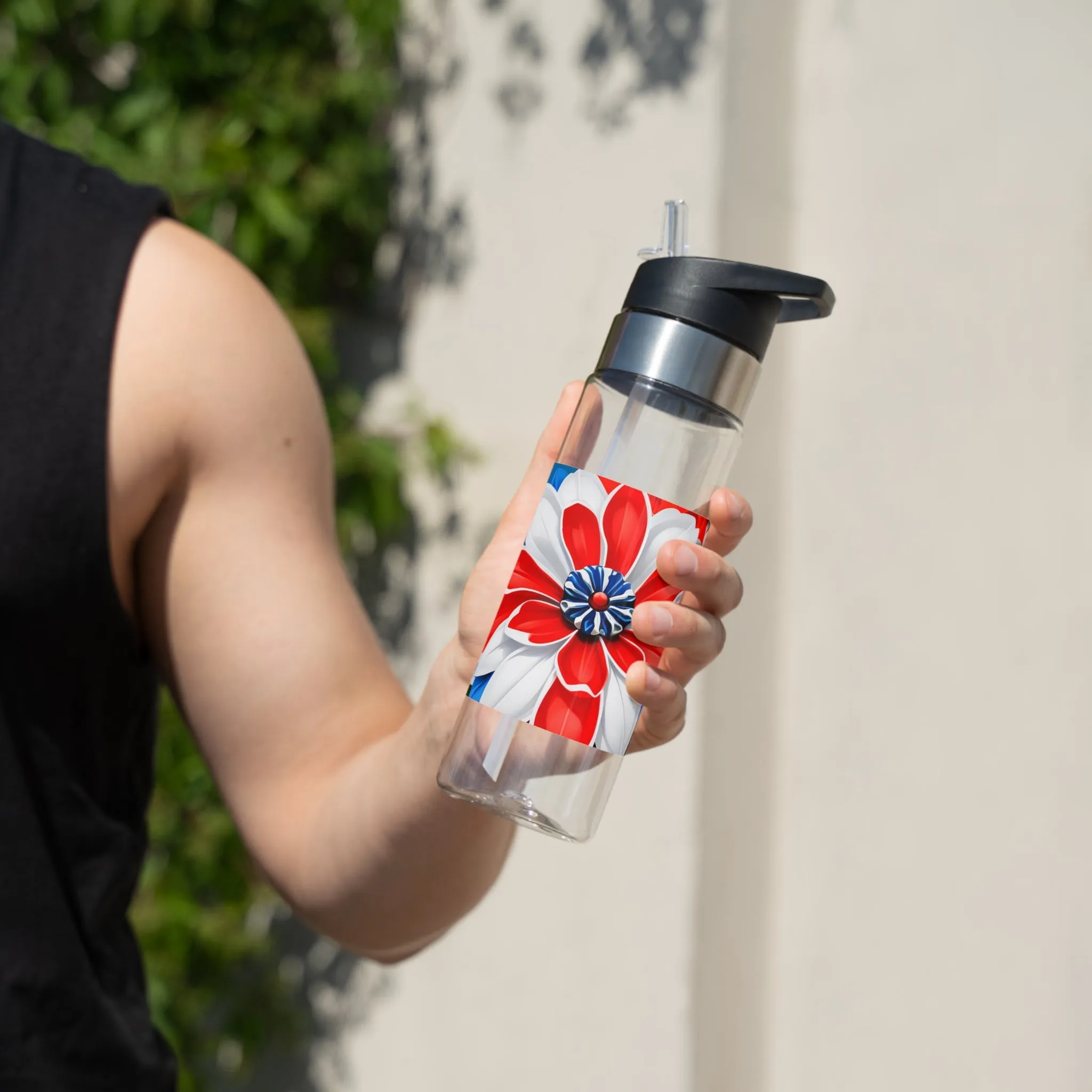 Red White & Blue Flowers, 20oz Sport Water Bottle, BPA-Free, Tritan™ plastic