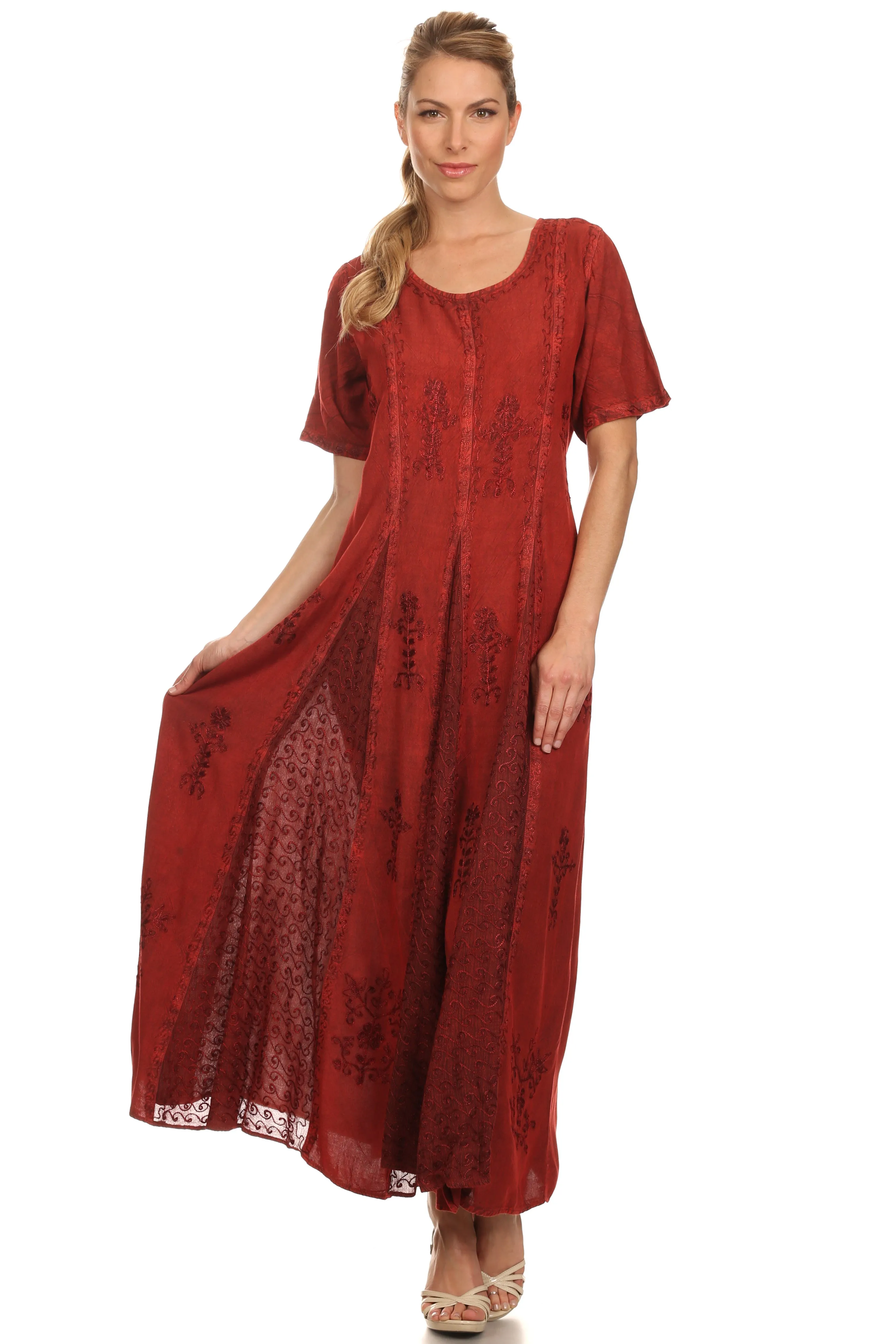 Sakkas Hailey Cap Sleeve Caftan Long Embroidered Stonewashed Dress