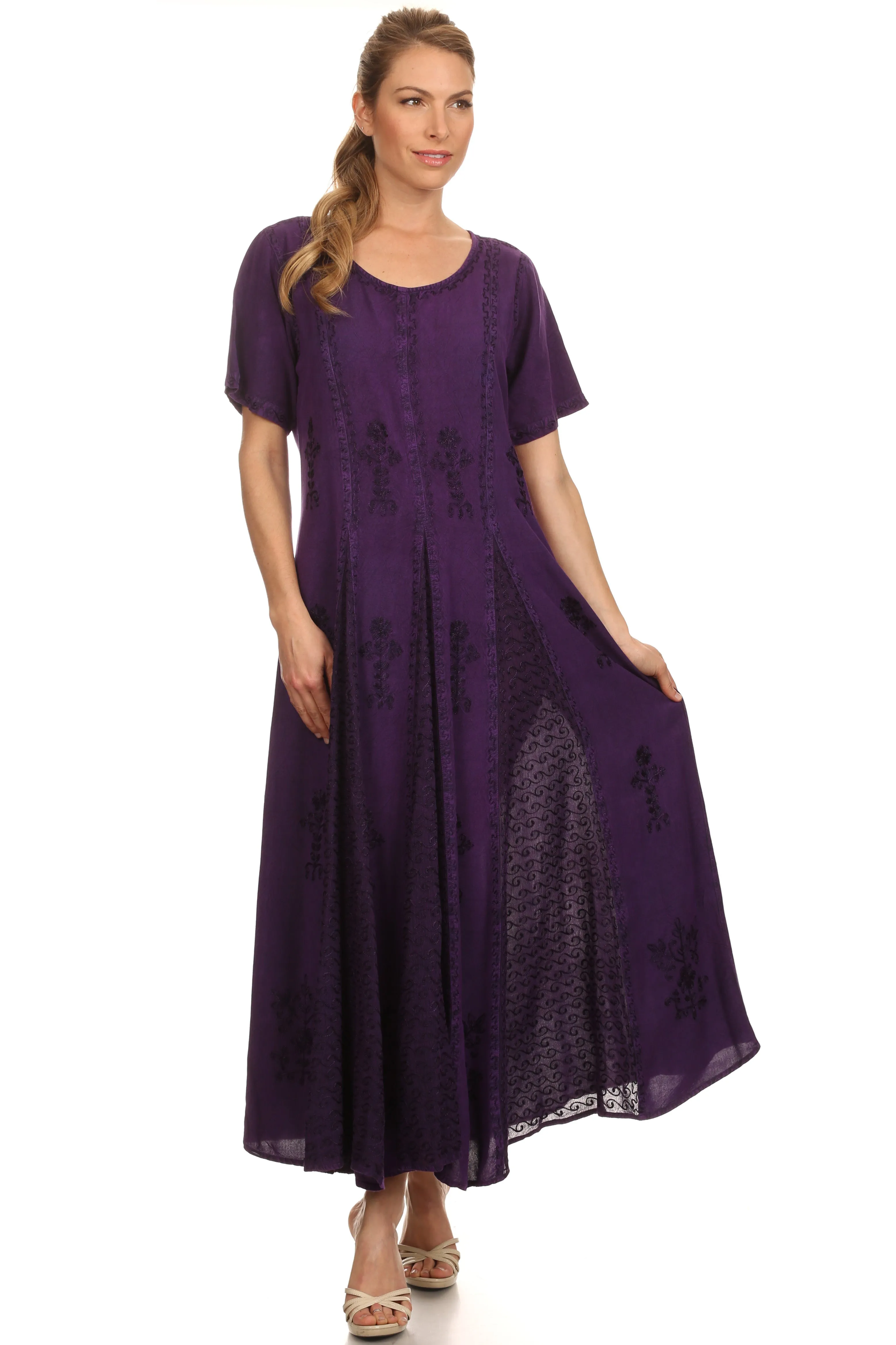 Sakkas Hailey Cap Sleeve Caftan Long Embroidered Stonewashed Dress