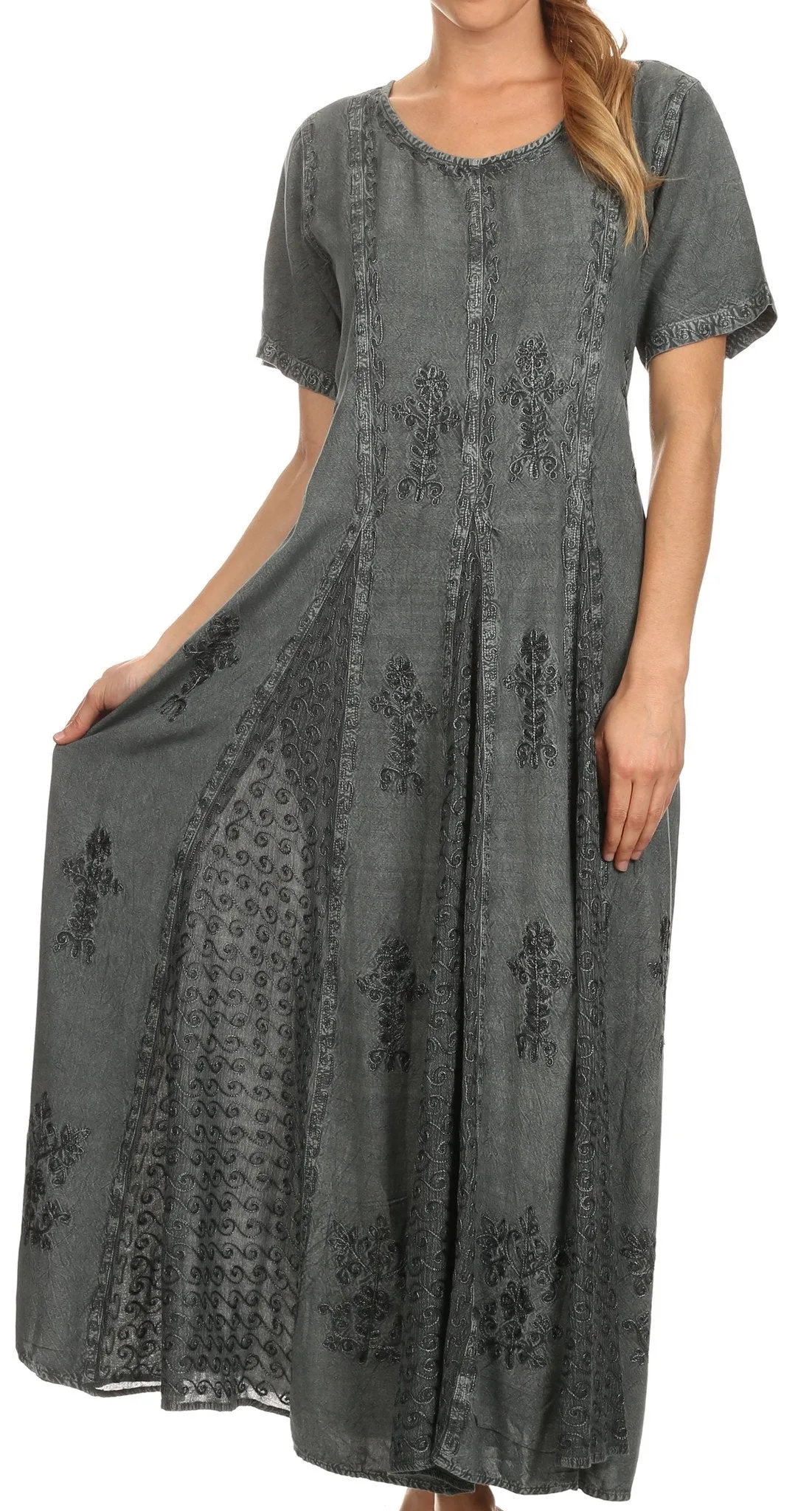 Sakkas Hailey Cap Sleeve Caftan Long Embroidered Stonewashed Dress