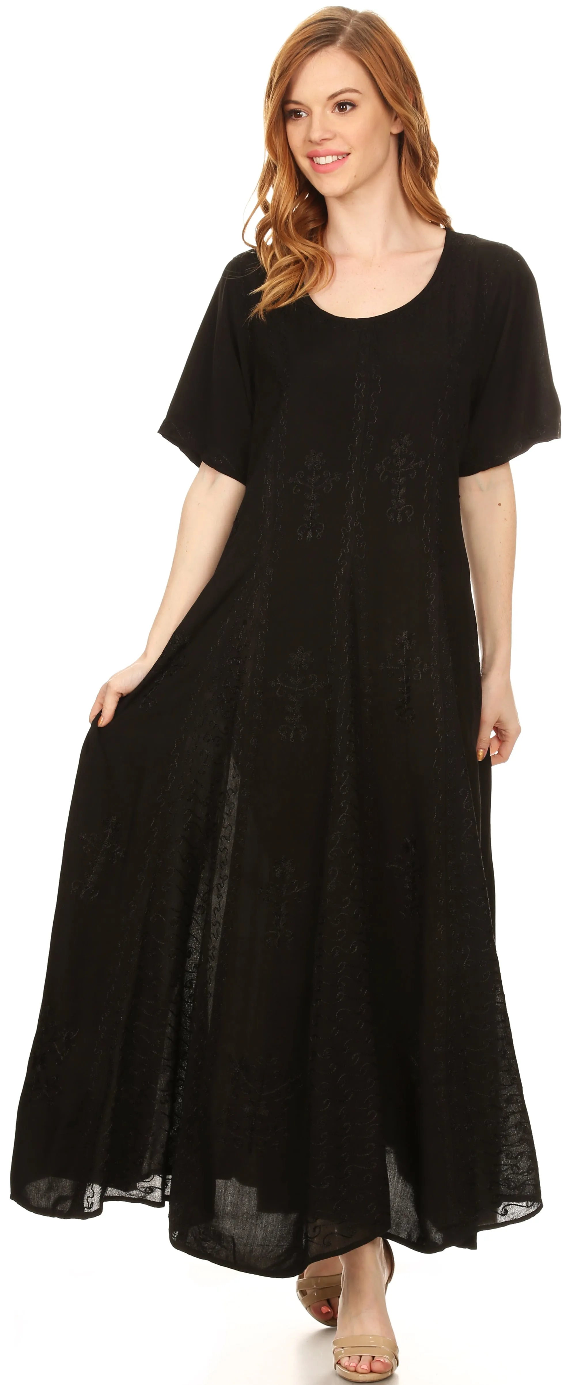 Sakkas Hailey Cap Sleeve Caftan Long Embroidered Stonewashed Dress