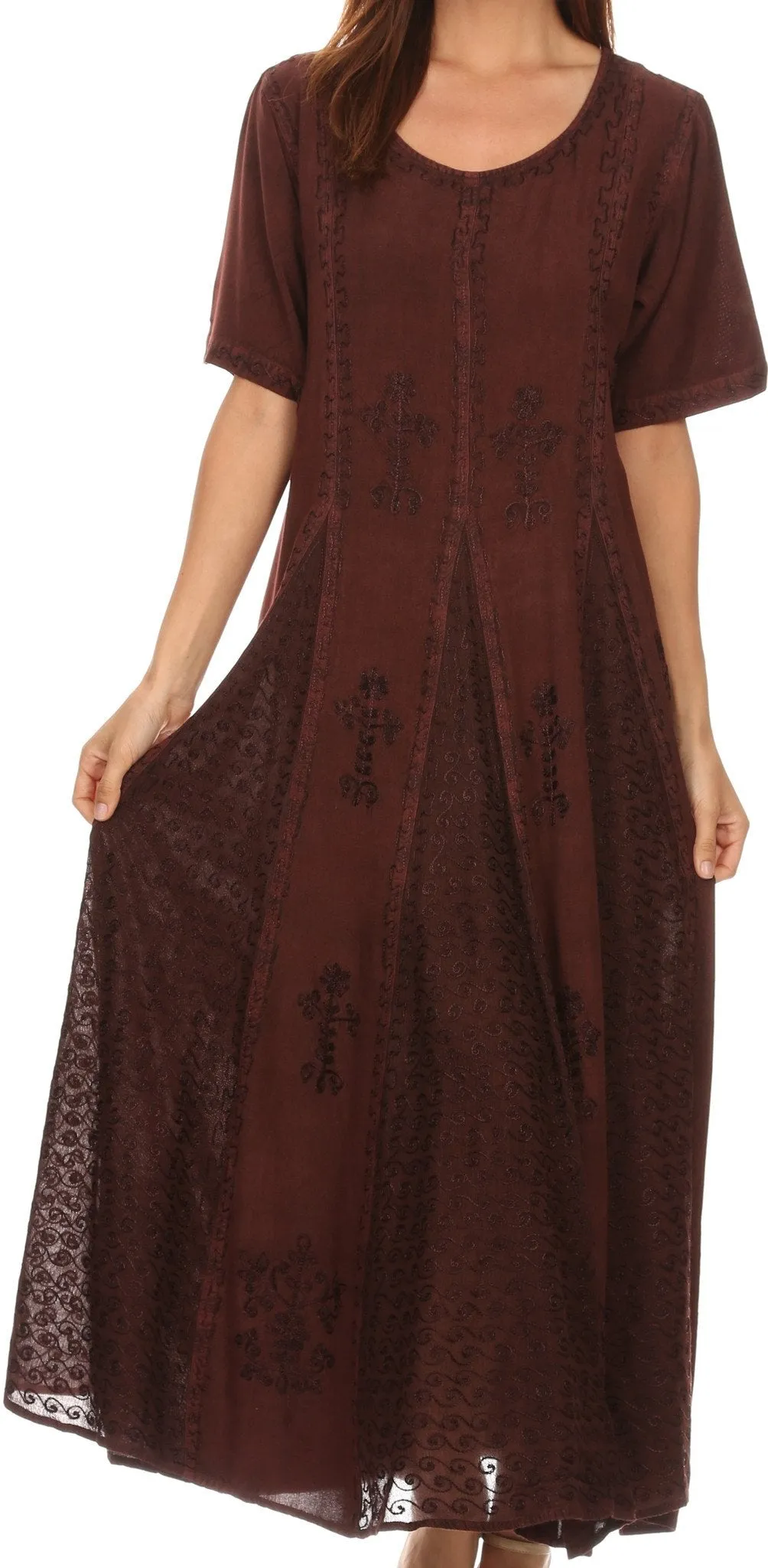 Sakkas Hailey Cap Sleeve Caftan Long Embroidered Stonewashed Dress