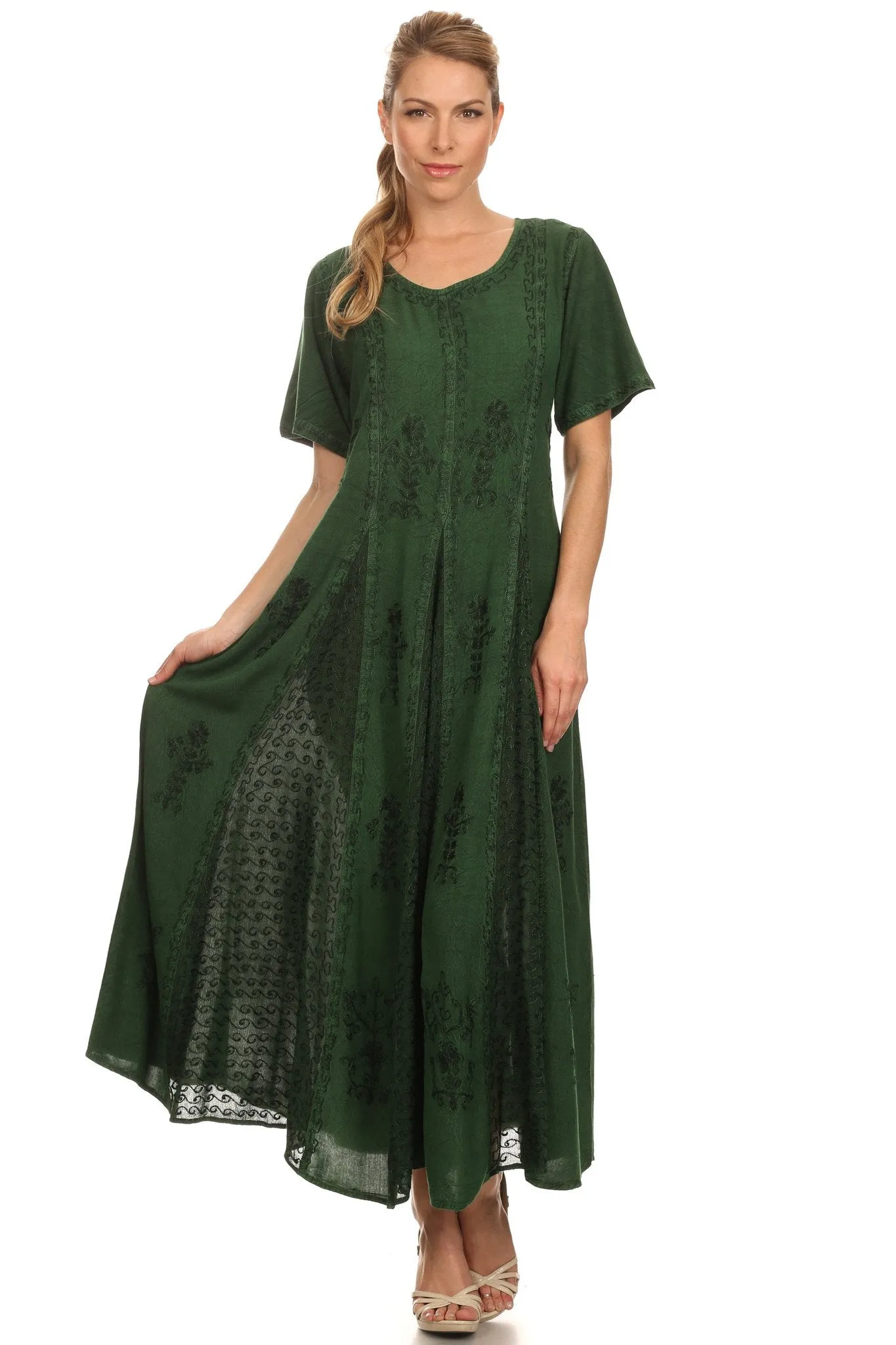 Sakkas Hailey Cap Sleeve Caftan Long Embroidered Stonewashed Dress