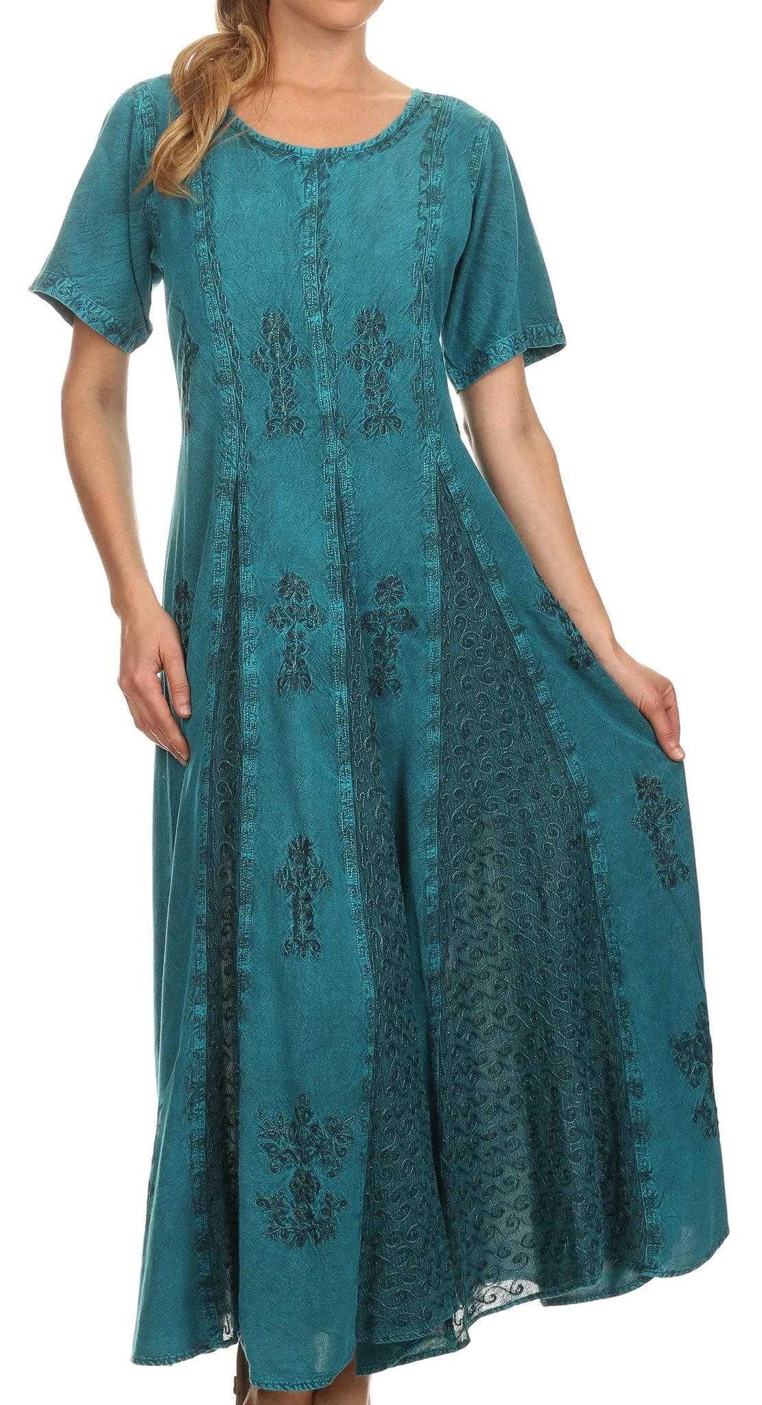 Sakkas Hailey Cap Sleeve Caftan Long Embroidered Stonewashed Dress