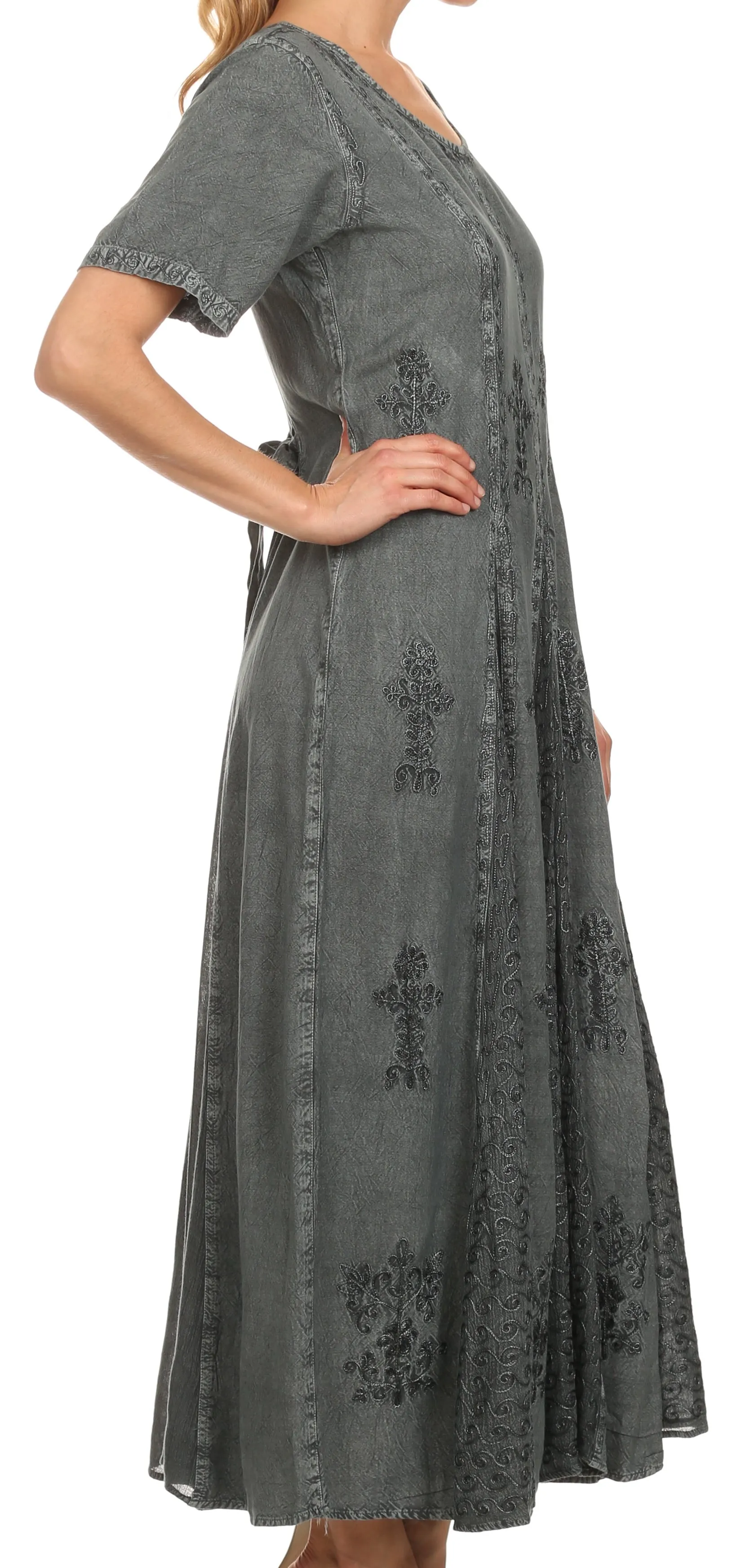 Sakkas Hailey Cap Sleeve Caftan Long Embroidered Stonewashed Dress