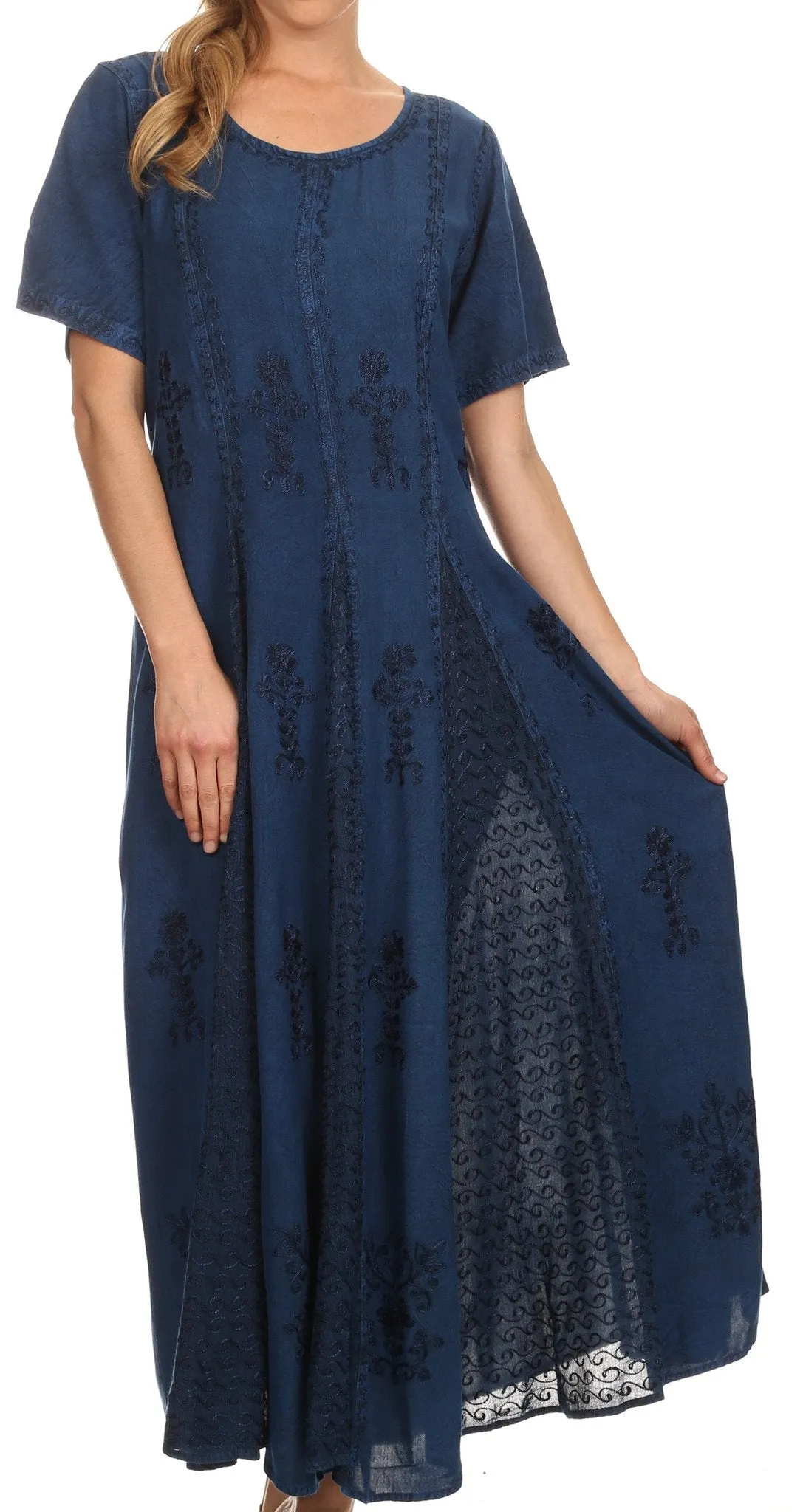 Sakkas Hailey Cap Sleeve Caftan Long Embroidered Stonewashed Dress