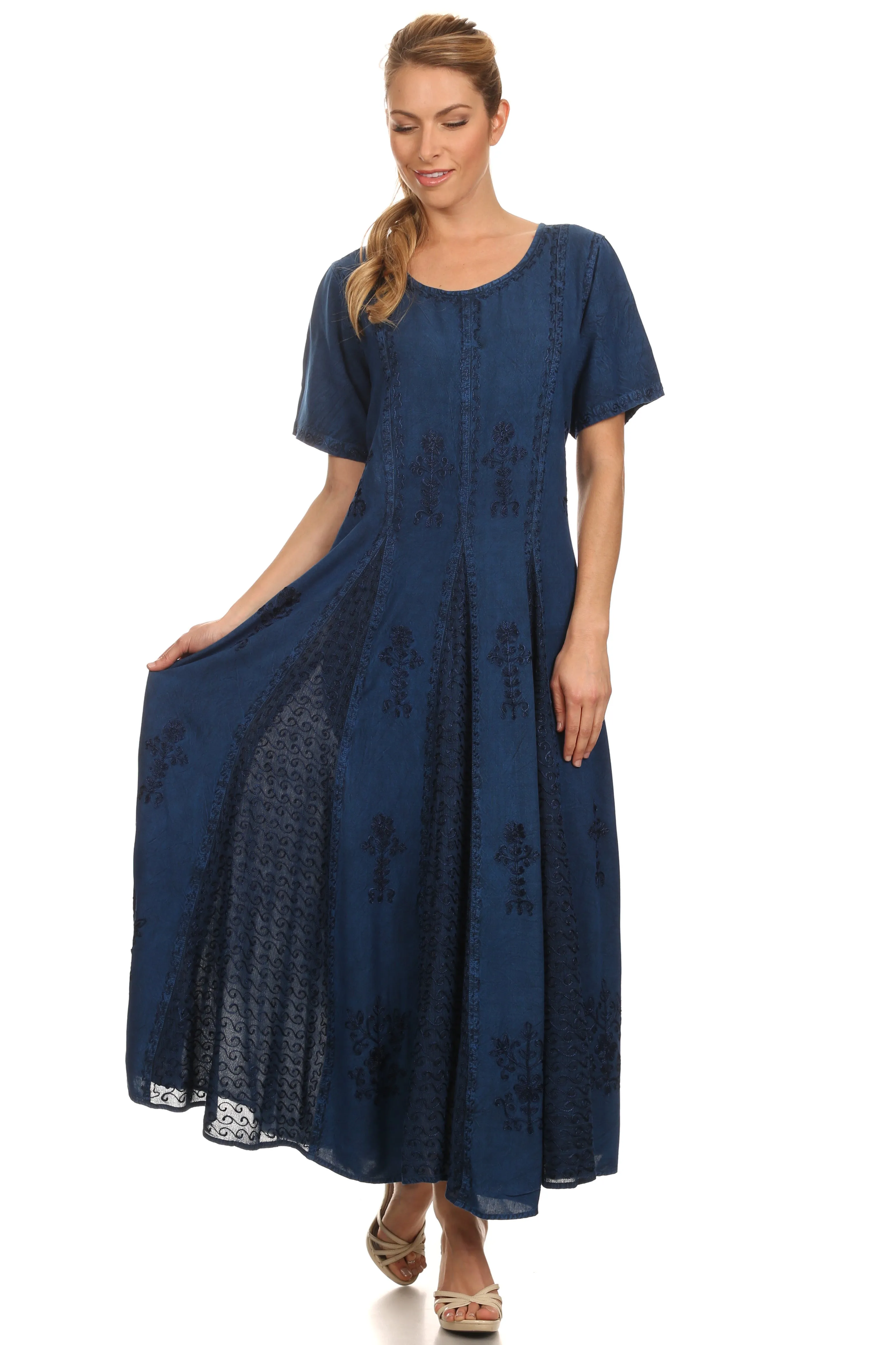 Sakkas Hailey Cap Sleeve Caftan Long Embroidered Stonewashed Dress