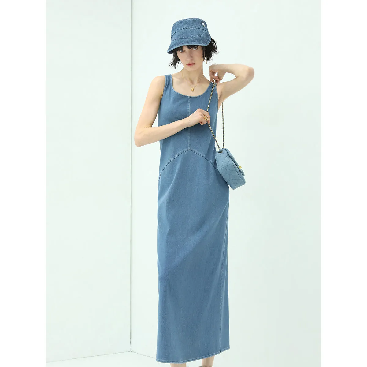 Sporty Scoop Neck Blue Denim Tank Dress