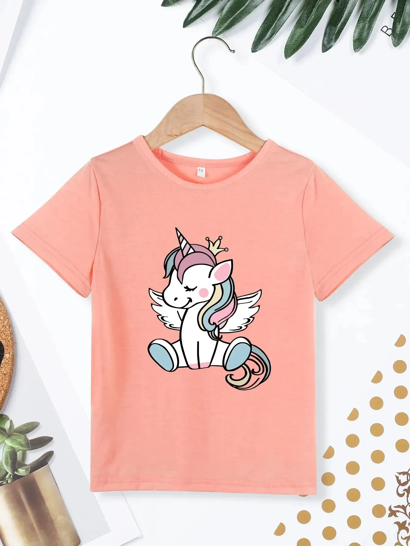 Unicorn Print Girls Creative T-shirt Casual Lightweight Comfy Tee Tops Kids Clothings