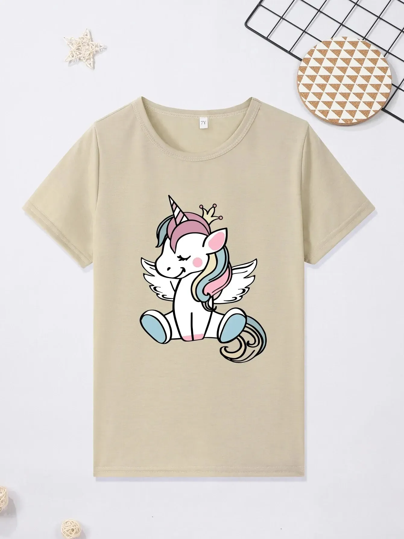 Unicorn Print Girls Creative T-shirt Casual Lightweight Comfy Tee Tops Kids Clothings