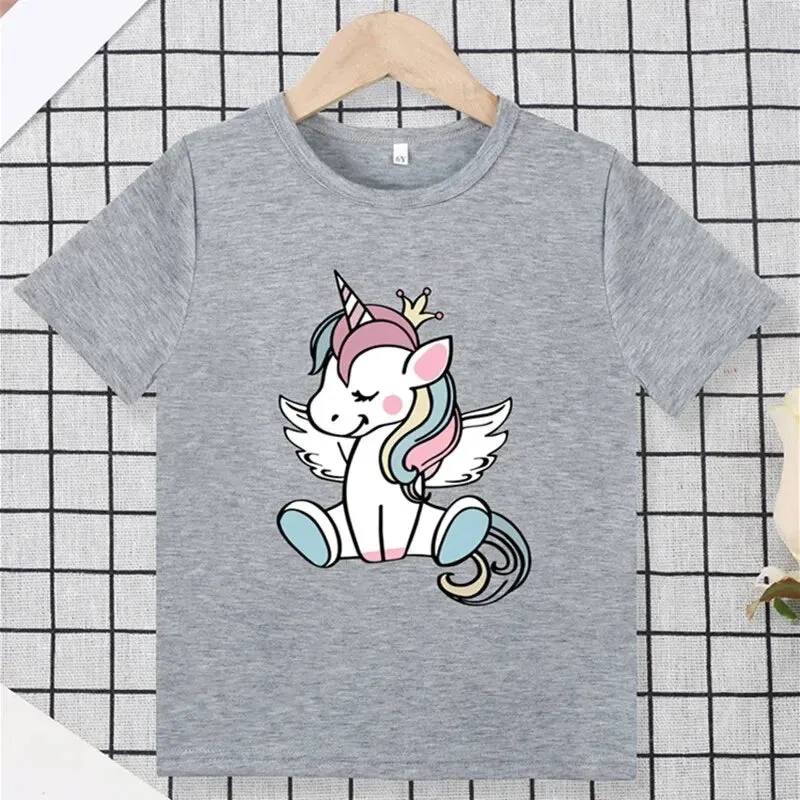 Unicorn Print Girls Creative T-shirt Casual Lightweight Comfy Tee Tops Kids Clothings