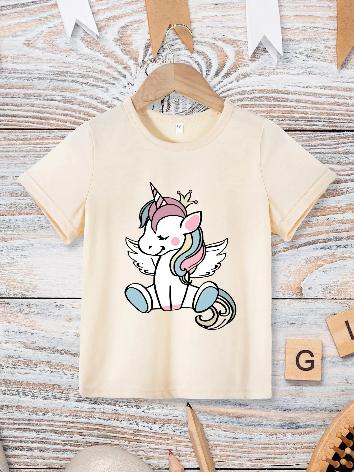 Unicorn Print Girls Creative T-shirt Casual Lightweight Comfy Tee Tops Kids Clothings