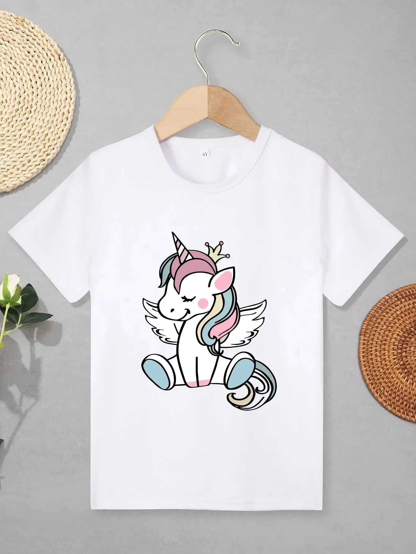 Unicorn Print Girls Creative T-shirt Casual Lightweight Comfy Tee Tops Kids Clothings