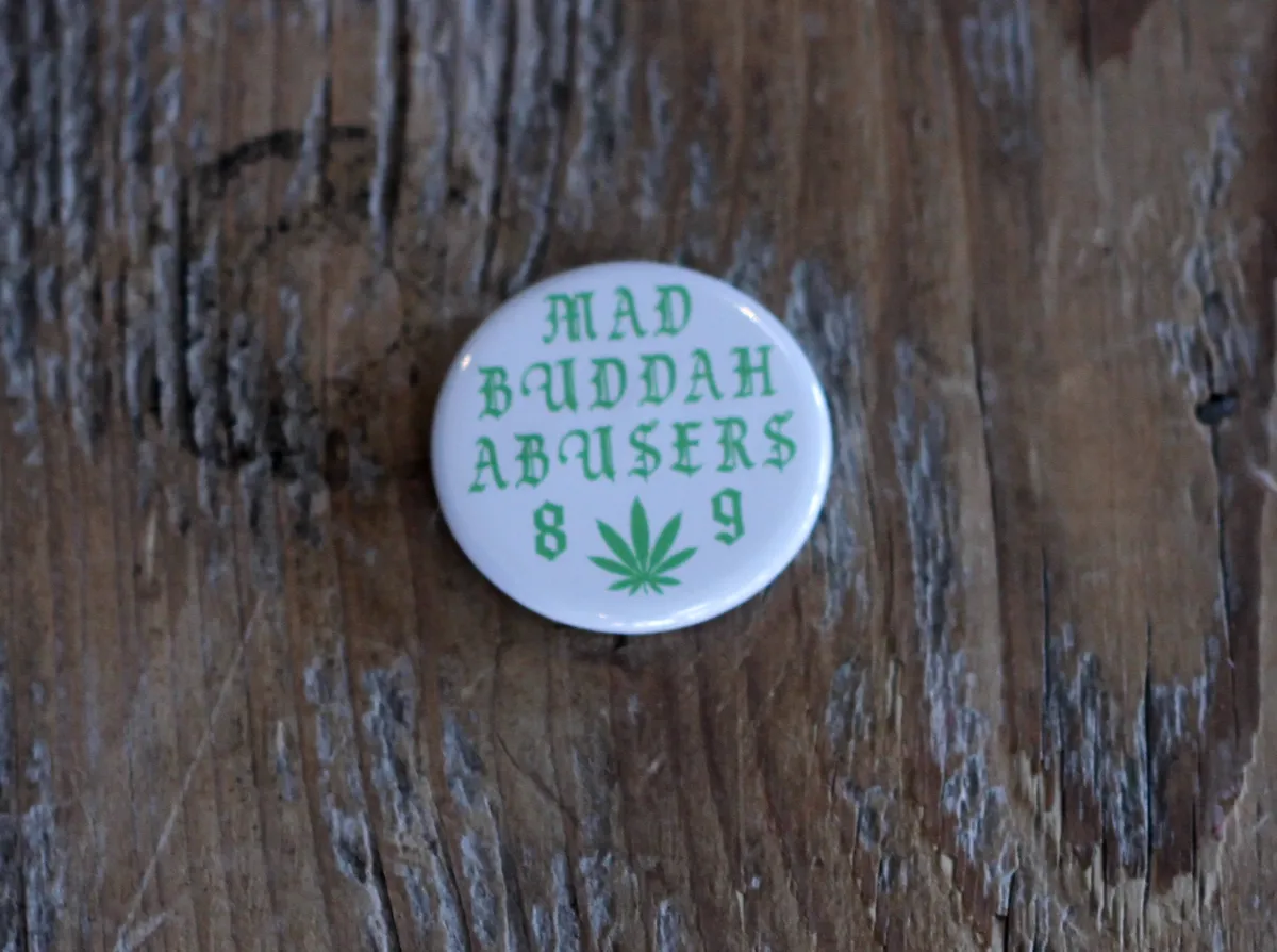 White Buddah Abusers Button Pin