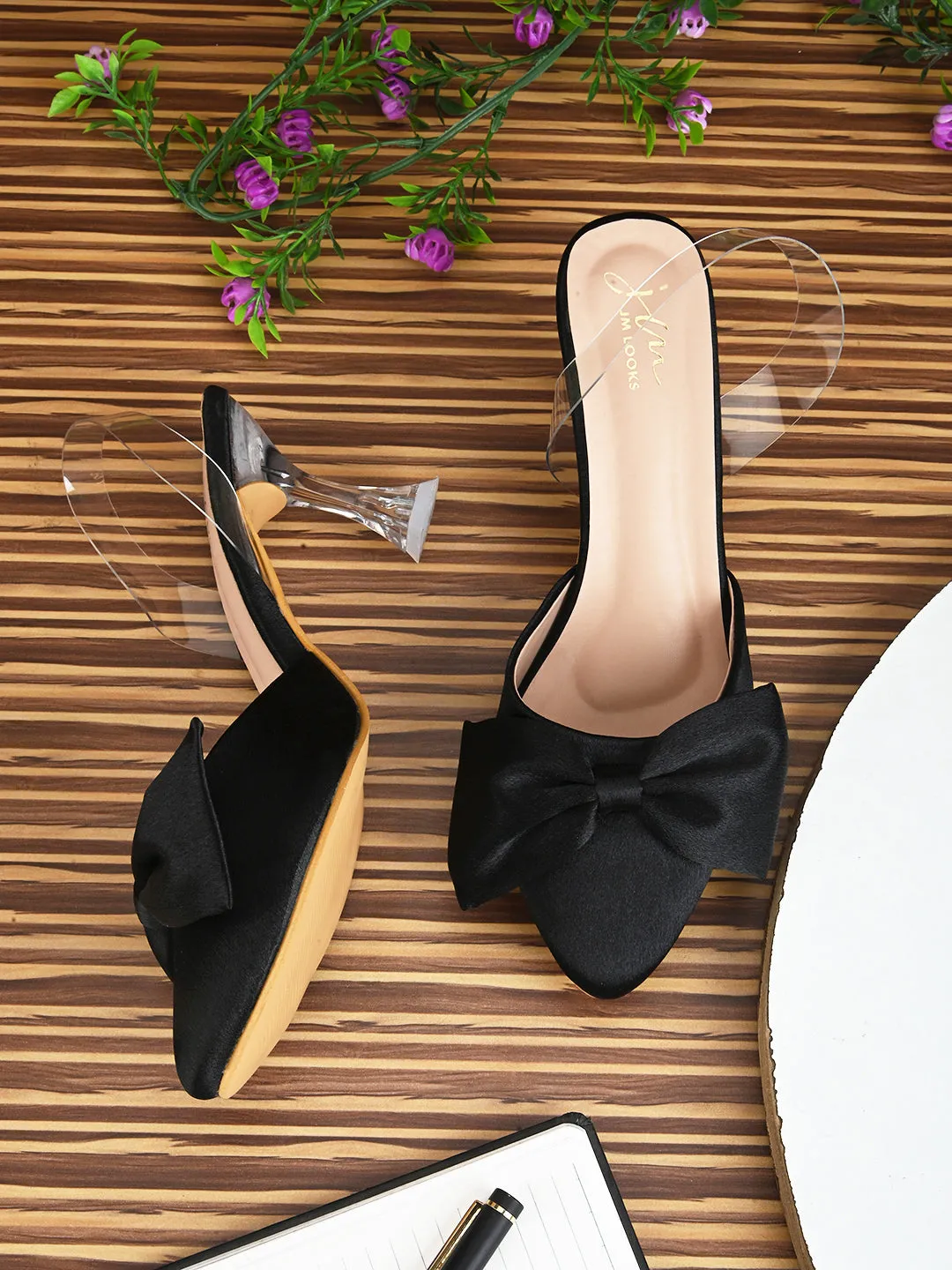 Women Kitten Heeled Sandals with Bow Applique