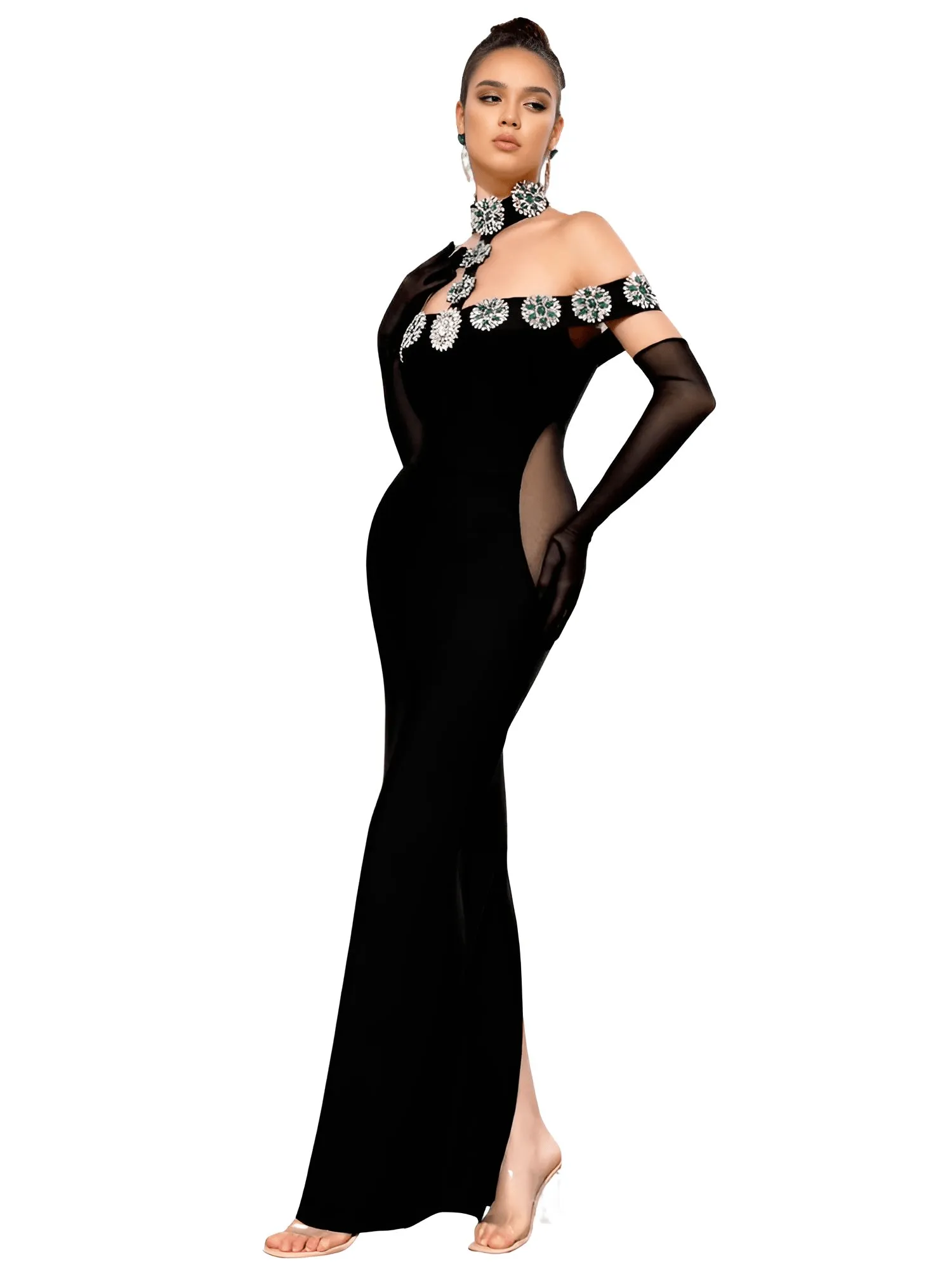 Women's Celebrity Sexy Diamonds Dress Crystal Black Maxi Long Bodycon Elegant Evening Club Party Dress