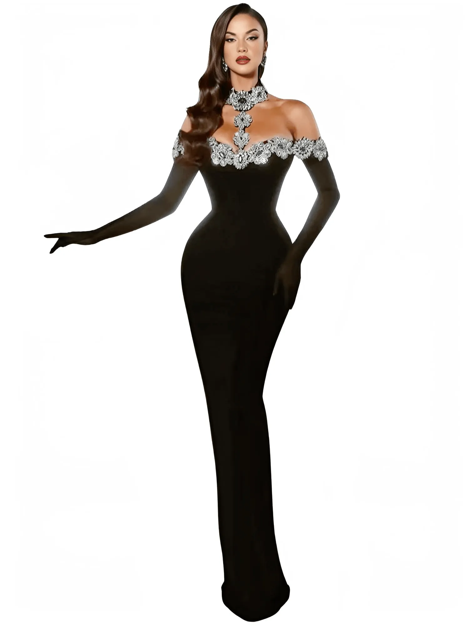 Women's Celebrity Sexy Diamonds Dress Crystal Black Maxi Long Bodycon Elegant Evening Club Party Dress