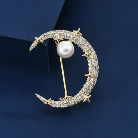 Women's Fashion Moon & Star Rhinestone Brooch