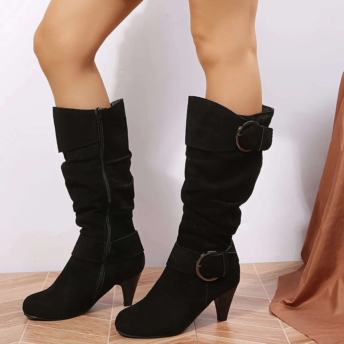 Womens Premium Solid Color Mid Calf Boots - Classic Round Toe, Chunky Heel, Side Zipper, Non-slip Outdoor - Versatile & Stylish Casual Shoes for Everyday Wear